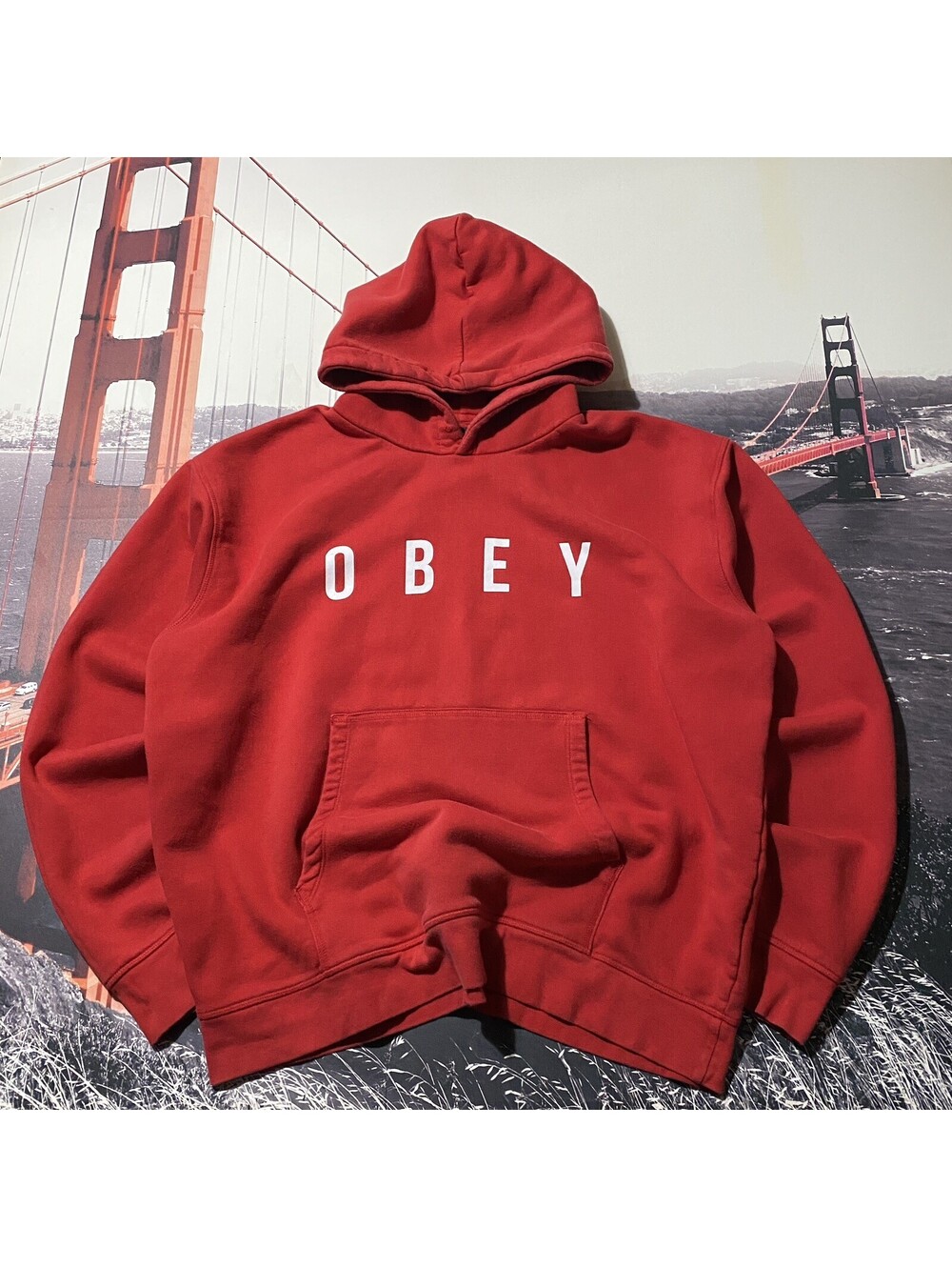 Obey Worldwide Spellout Hoodie Mens XL Red Pullover Sweatshirt Skater Graphic
